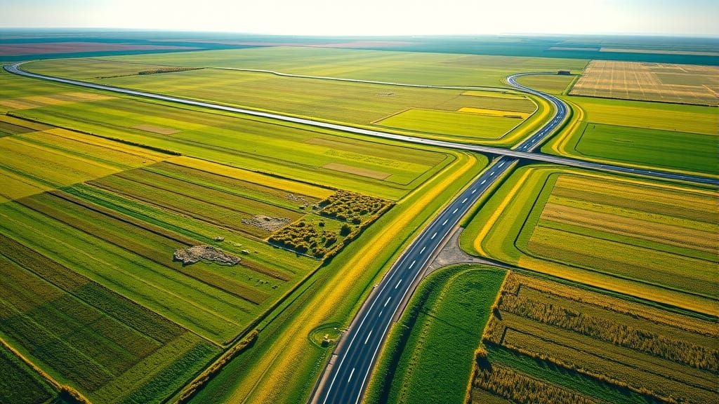 Vast Green Plains with Winding Highway Aerial View