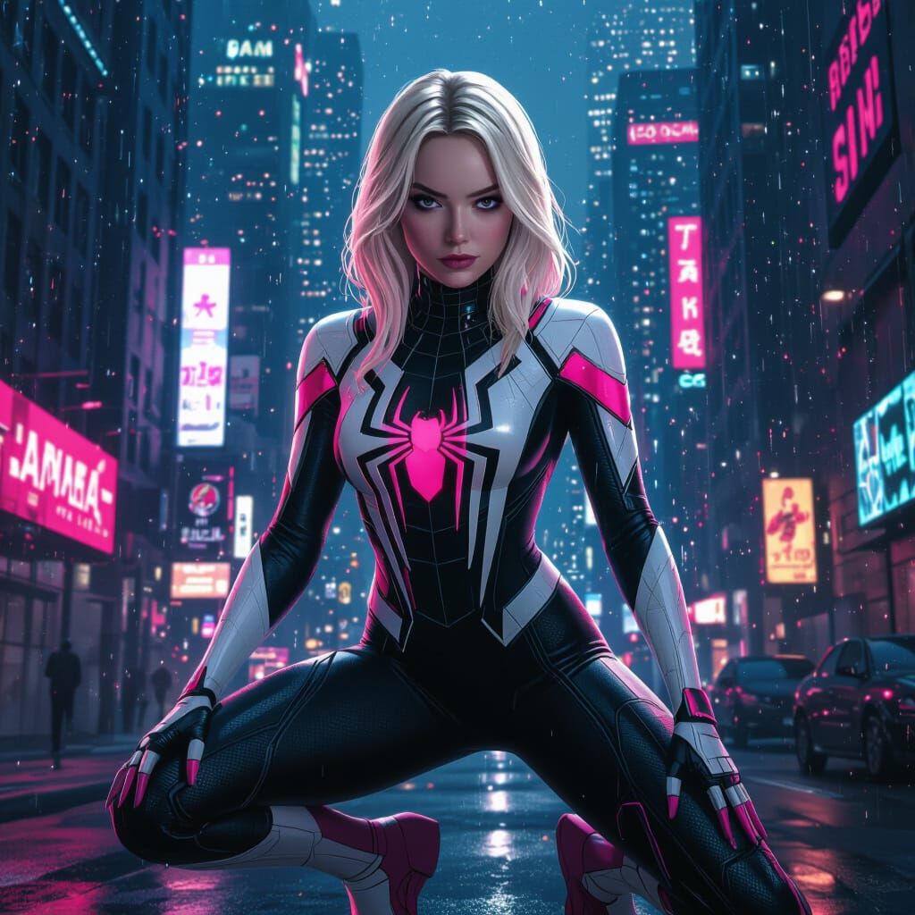Emma Stone as Spider-Gwen 2099 in Cyberpunk NYC