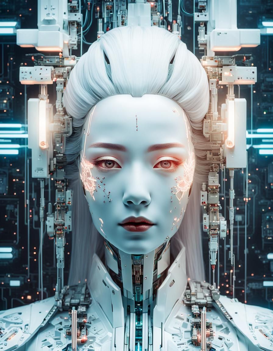 Android Geisha Portrait in Futuristic Repair Shop
