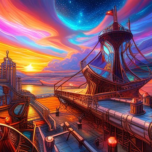 Steampunk Pirate Ship Battle at Sunset