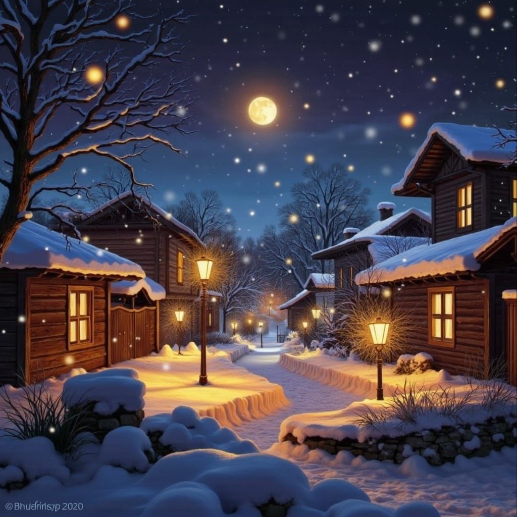 Winter Night in Bulgarian Revival Village, 3D Digital Art