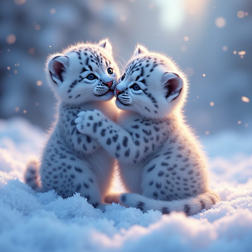 Hyperrealistic Snow Leopard Kittens in Vibrant Winter Wonder...