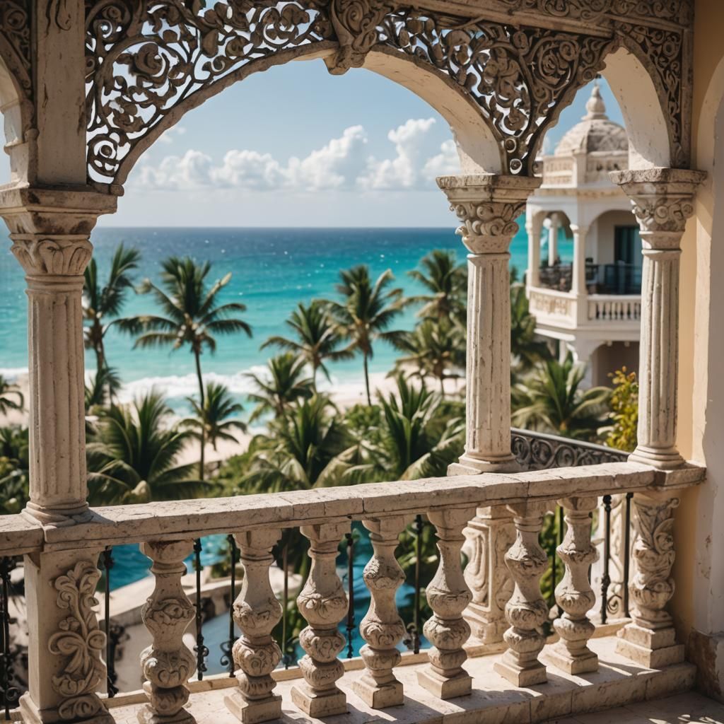 Cancun Ocean View from Ornate Balcony, Professional Photogra...
