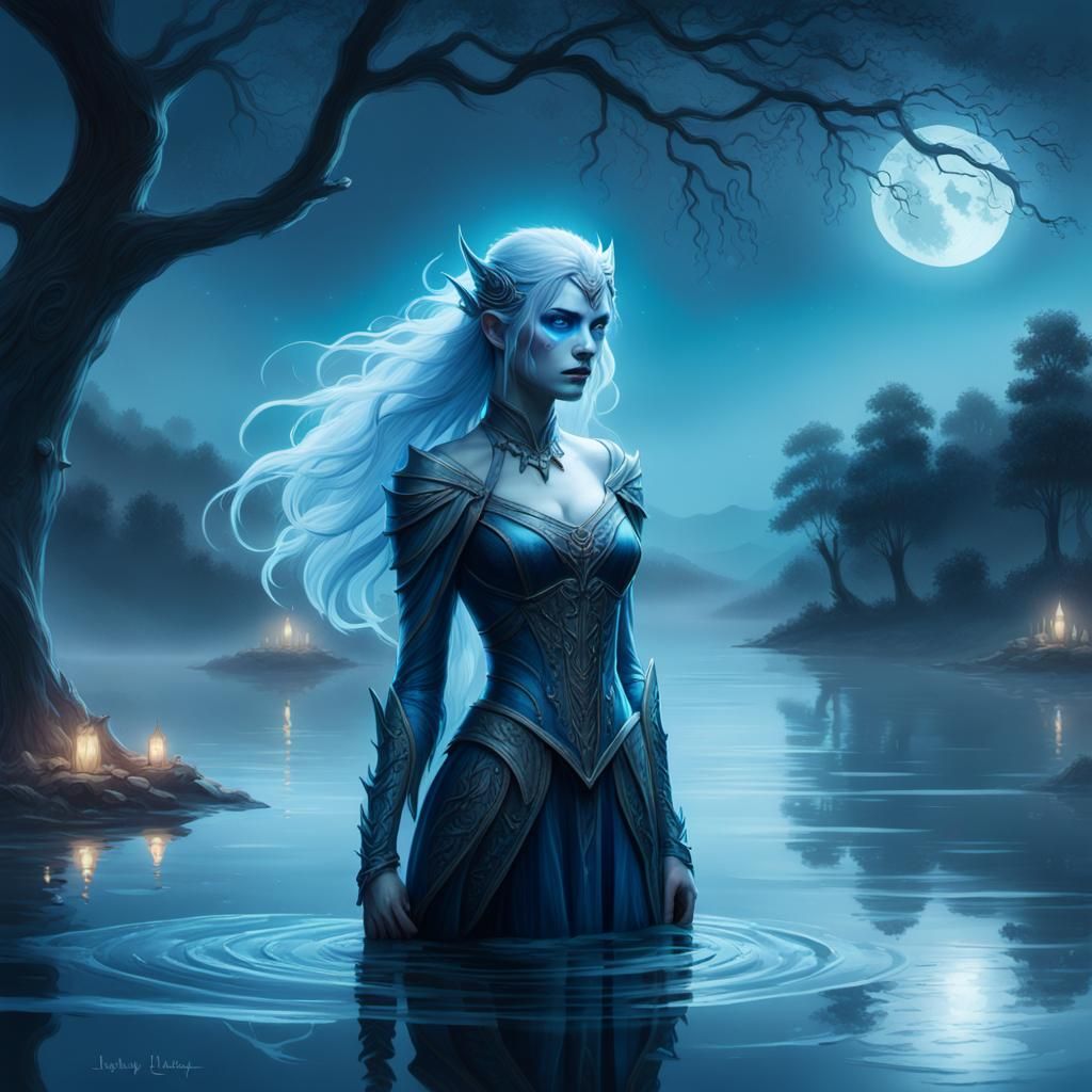 Water Genasi Vampire with Bioluminescent Eyes, Splash Art
