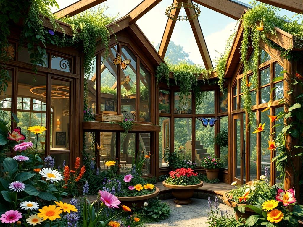 Whimsical Glass House with Butterflies, Matte Painting