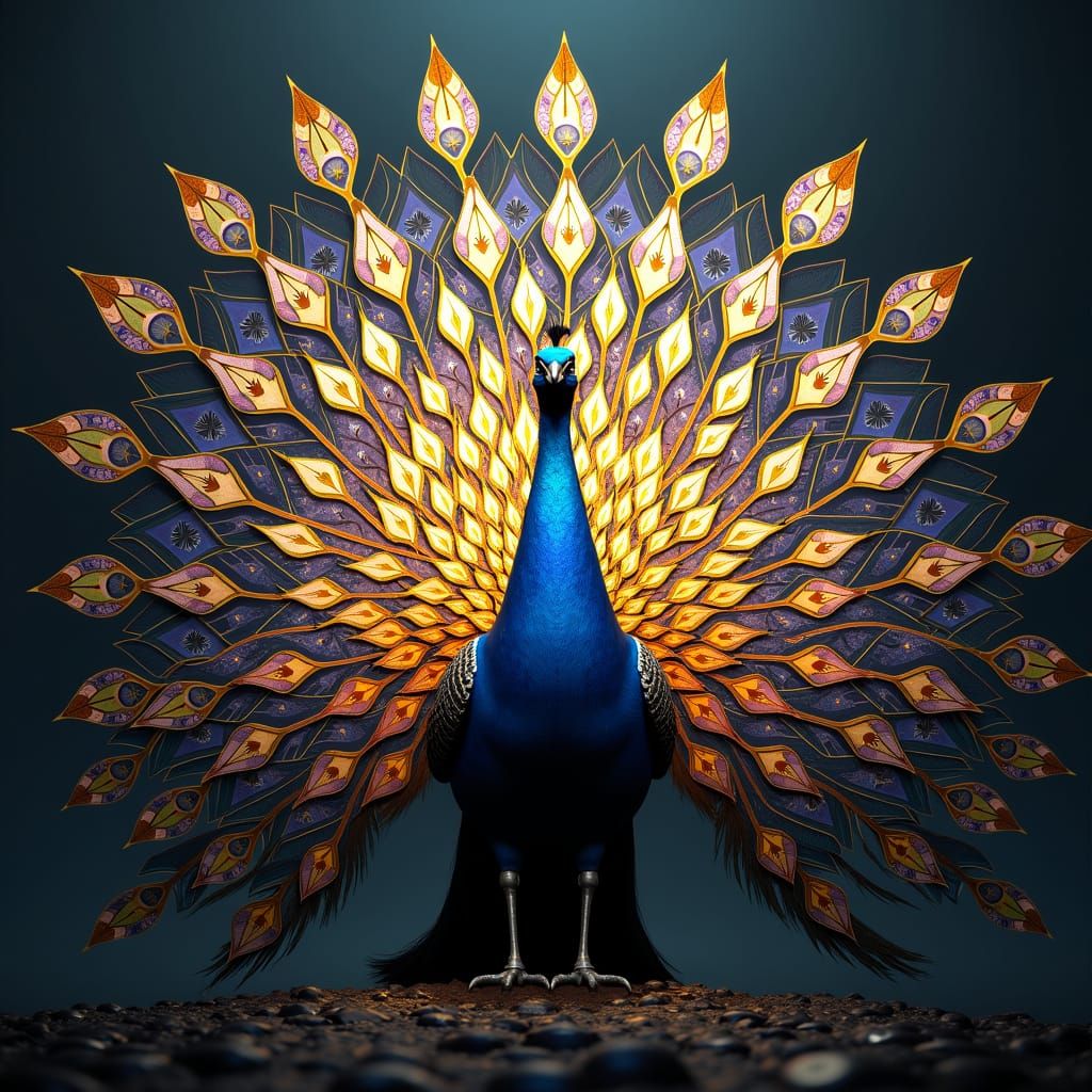 Stunning Peacock with Iridescent Plumage in Stained Glass St...