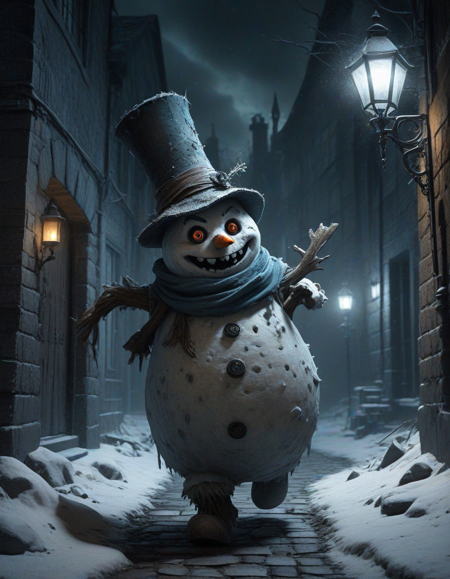 Dark Fantasy Snowman in a Desolate Alleyway