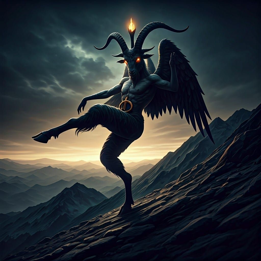 Baphomet Dances Down a Mountain in Dark Fantasy Art