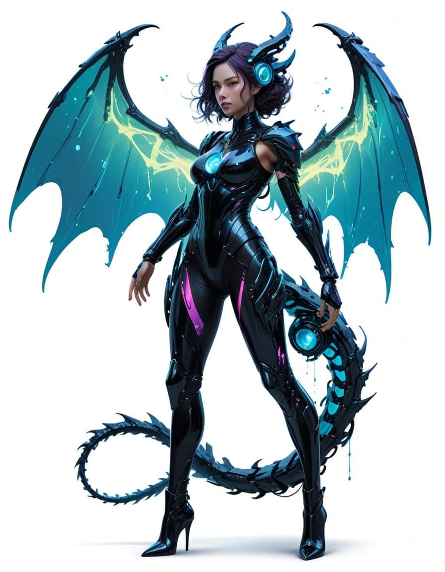 Mystical Warrior with Dragon Wings and Biomechanical Arm