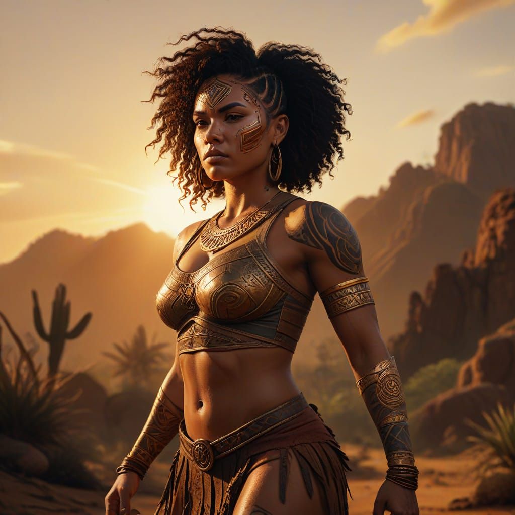 Latina Warrior Defiant Against Sunset, Digital Painting