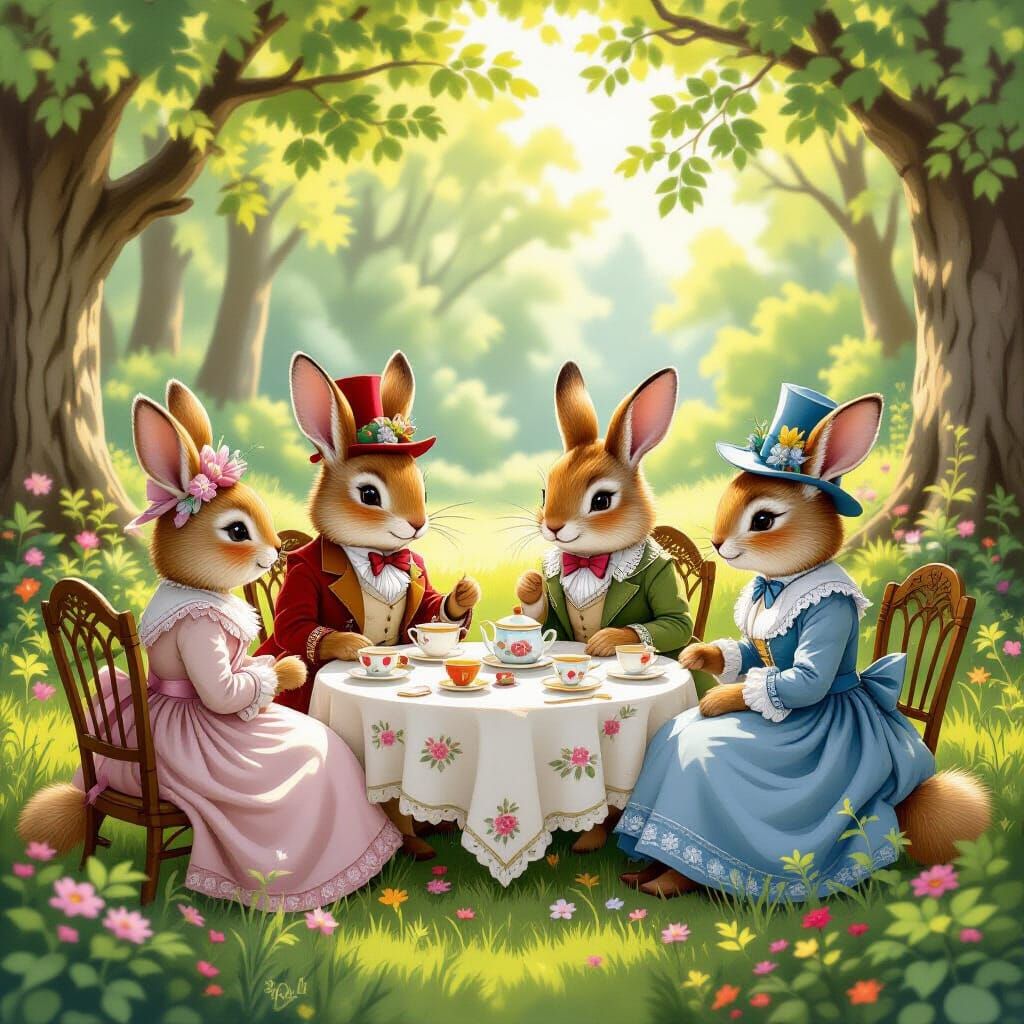 Woodland Creatures Victorian Tea Party in Sun-Dappled Forest