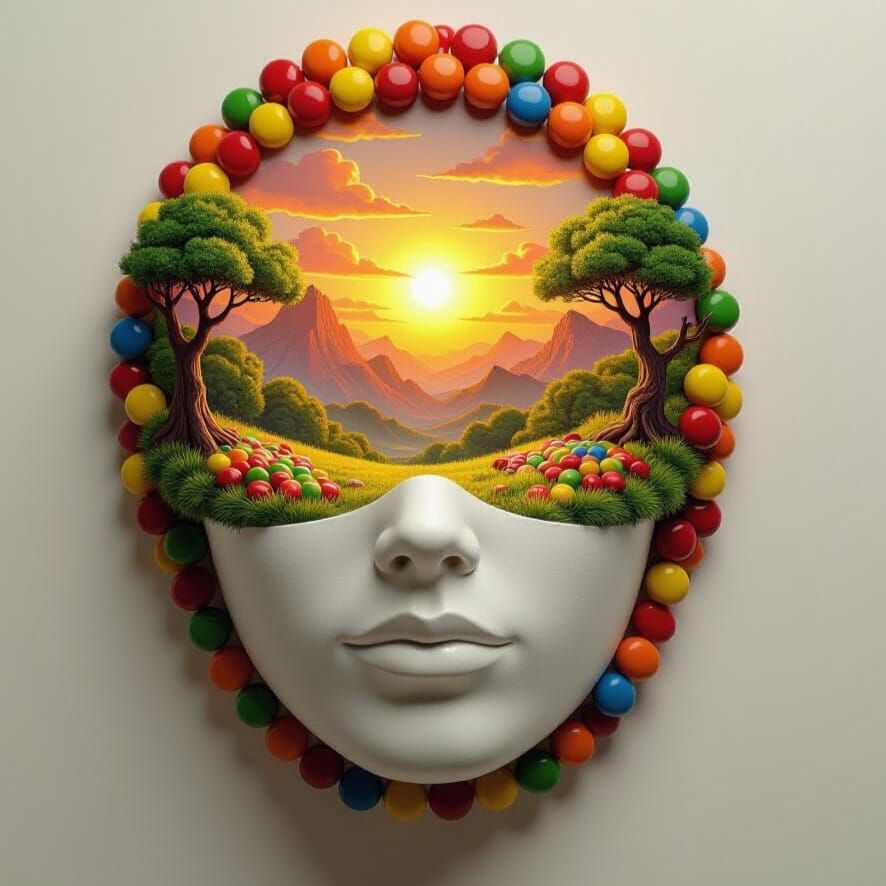 Surreal Candy Landscape on a Face Mask at Sunset