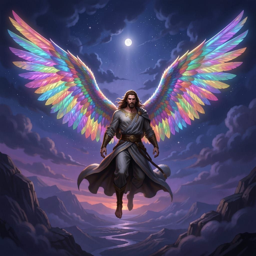 Majestic Winged Man Soars Through Twilight Sky