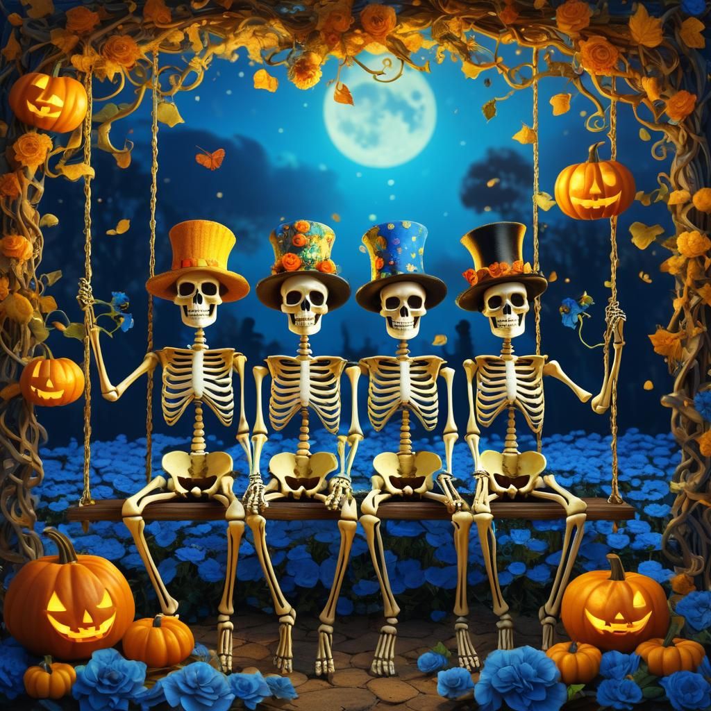 Skeletons Swinging on Flower Vine, Surreal Digital Art