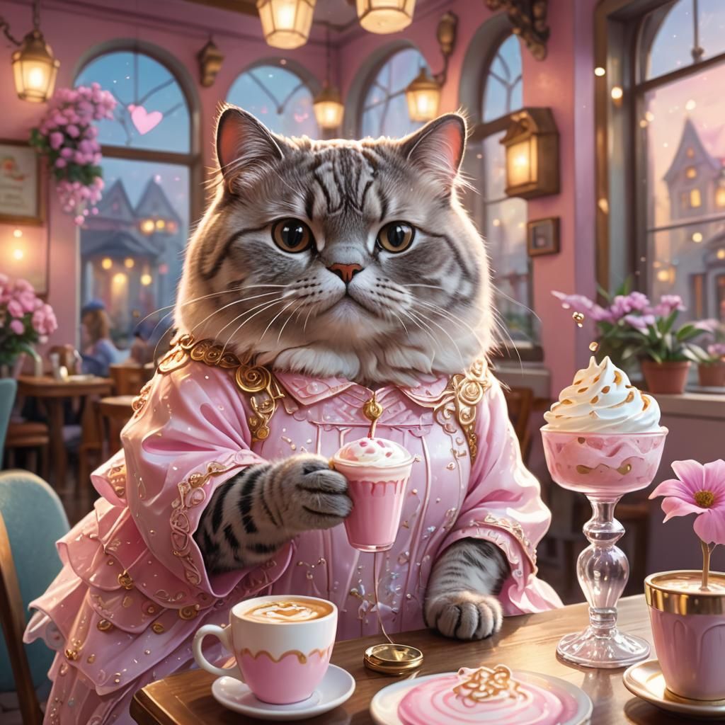 Pusheen in Cafe: Ethereal Kawaii Cartoon Art