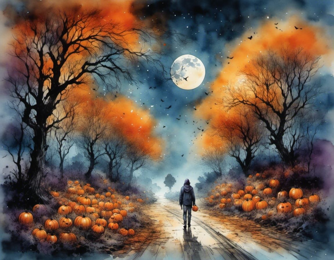 Ethereal Grunge Watercolor Landscape with Ghostly Figure