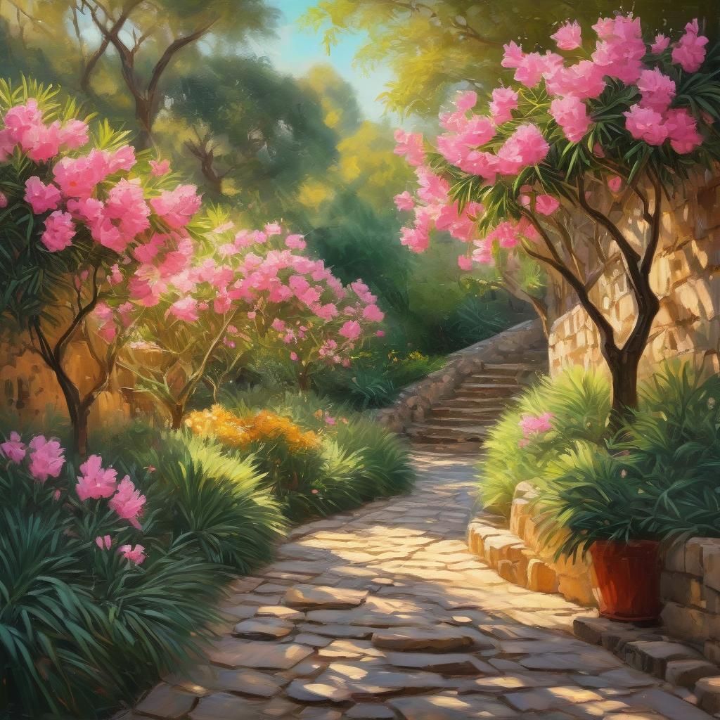 Impressionist Garden with Oleander Trees in Morning Light