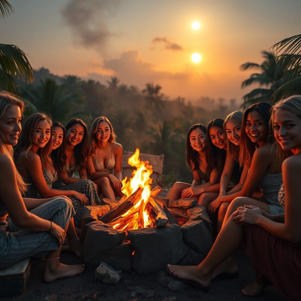 Diverse Women Gathered Around Campfire on Tropical Island