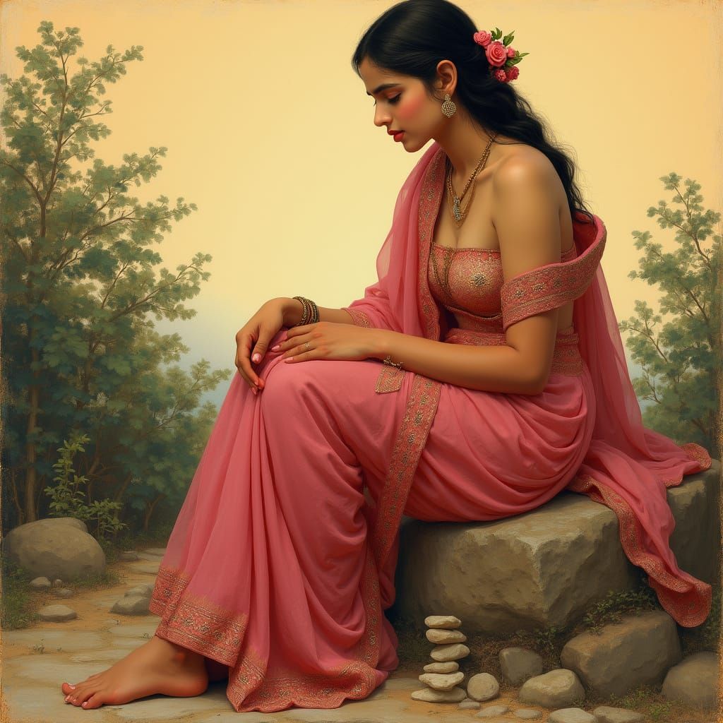 Ravi Varma painting style: A young woman, likely South Asian, in her late teens or early twenties, sits barefoot on a ro...