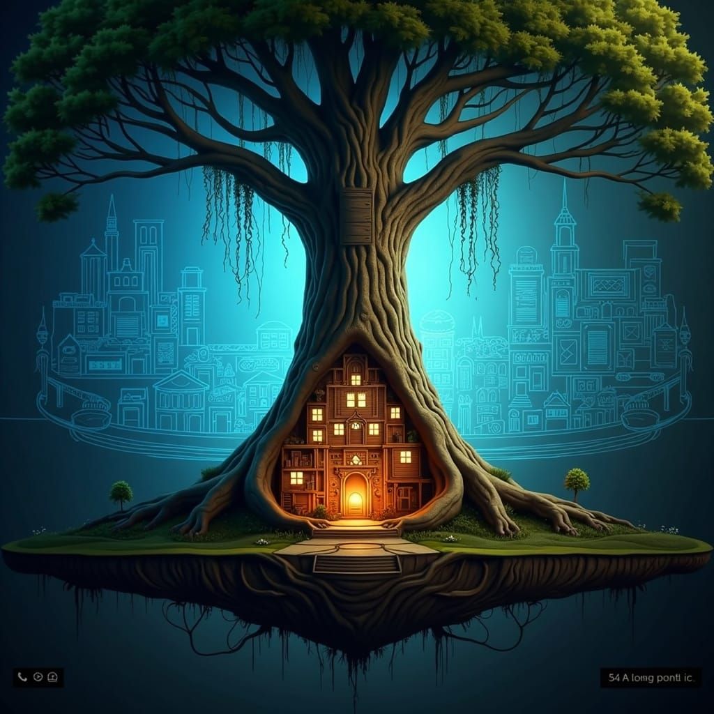 Blueprint of a tree scheme on sectional view with dwarf city...