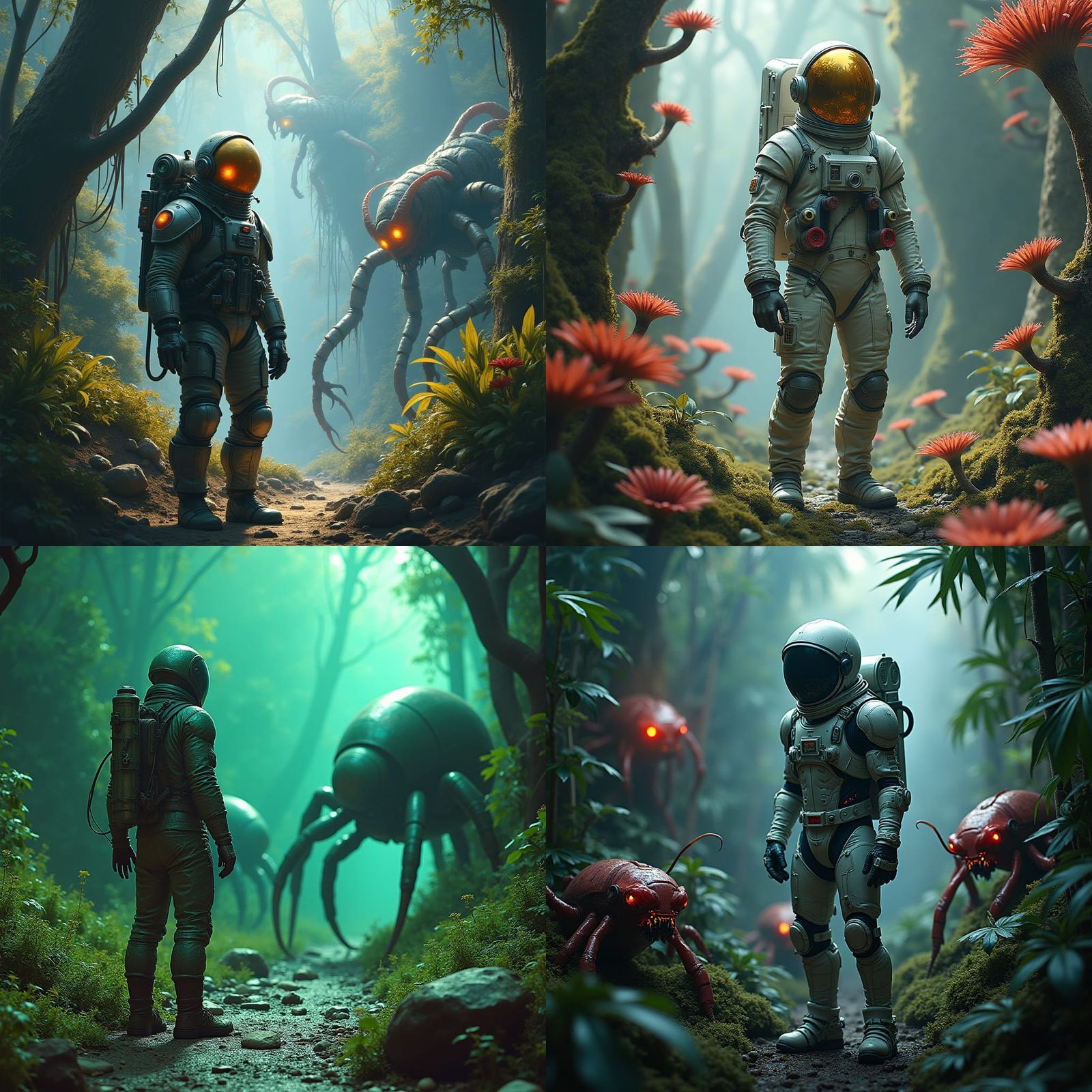 Astronaut on Alien Jungle Planet with Giant Insects