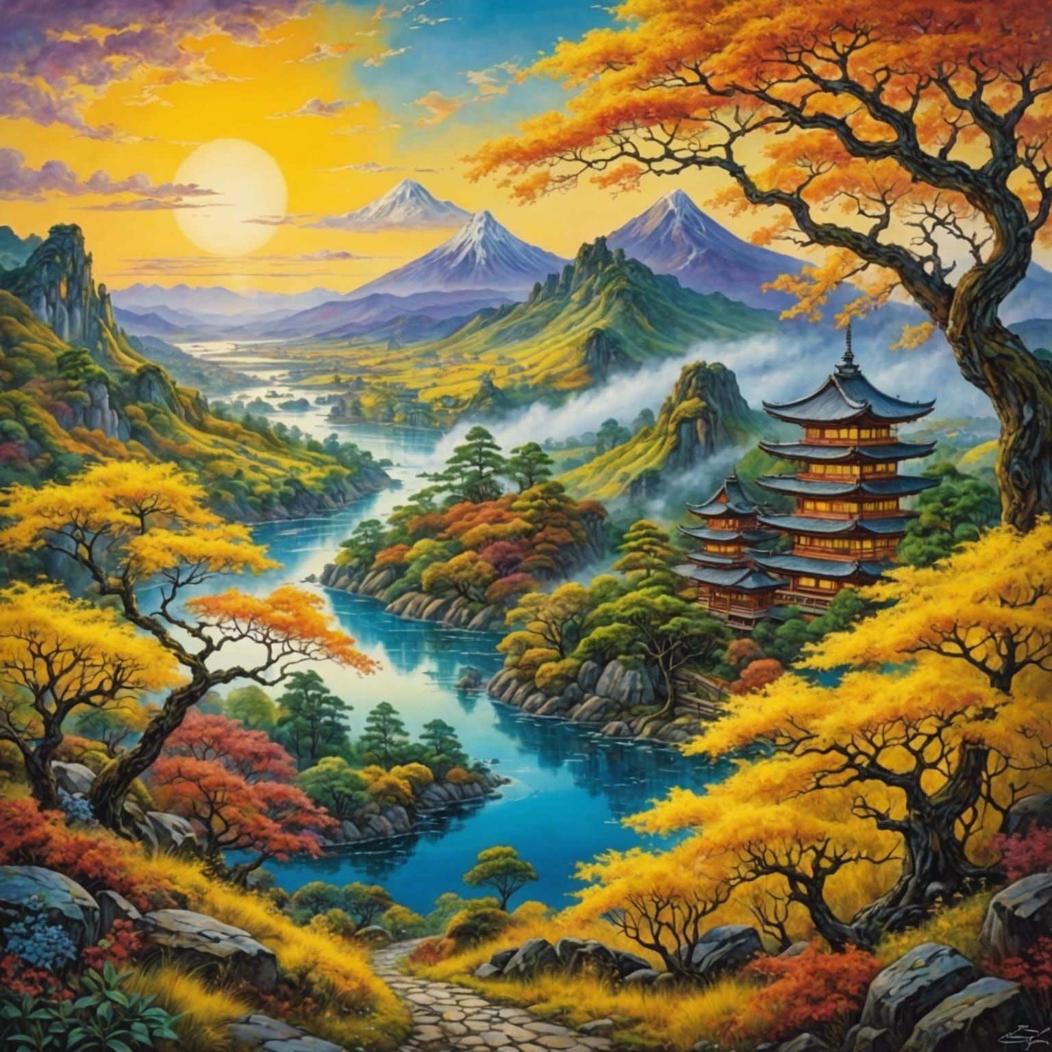 Colorful Japanese Landscape in Wall Style