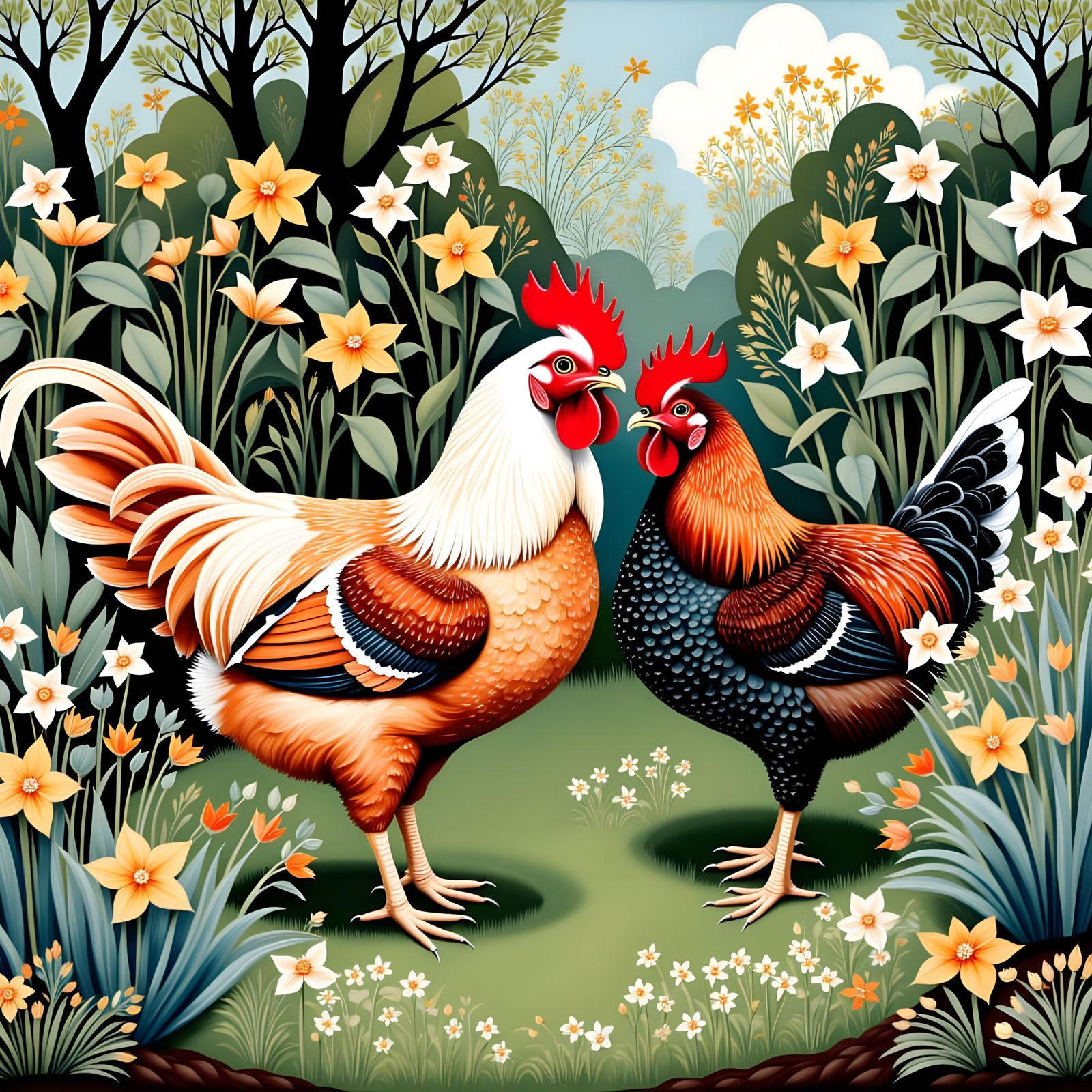 Chickens in a Cozy Scandinavian Garden Scene