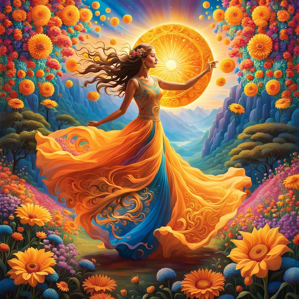 Surreal Woman Dancing Among Sun and Moon Flowers