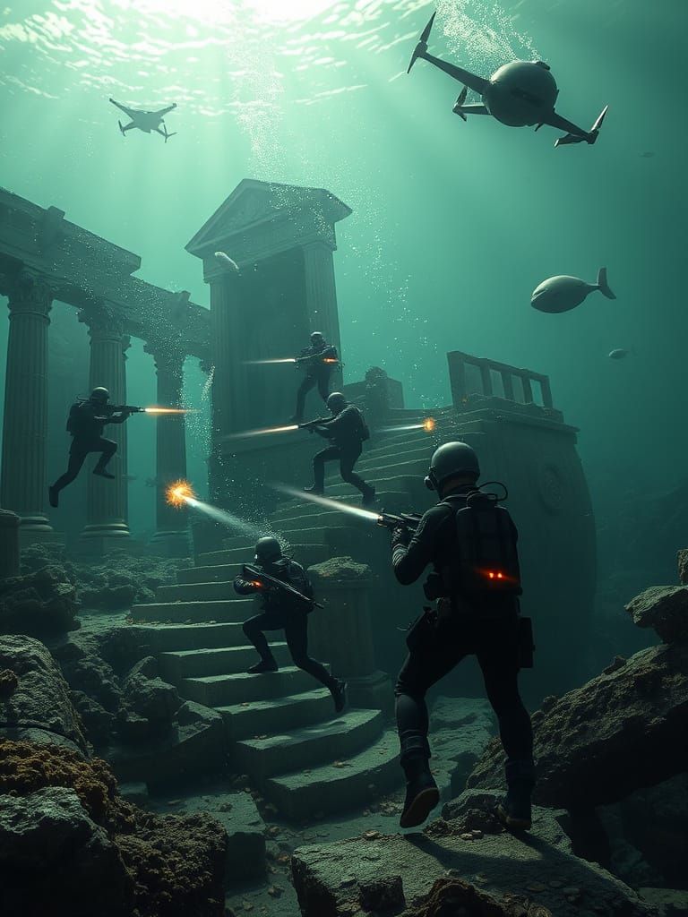 Ancient Sunken City Underwater Battle Scene in Dystopian Sty...