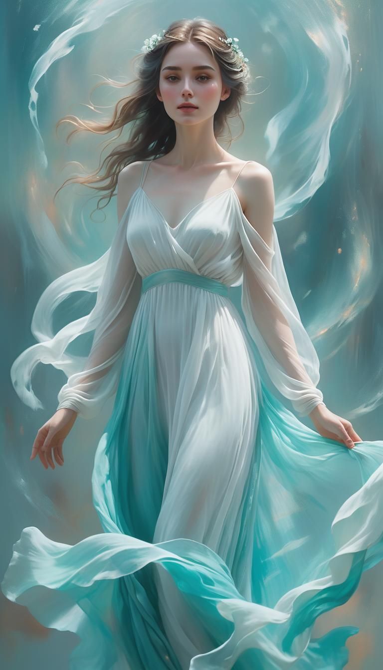 Ethereal Ghost in Flowing Dress: Oil Painting