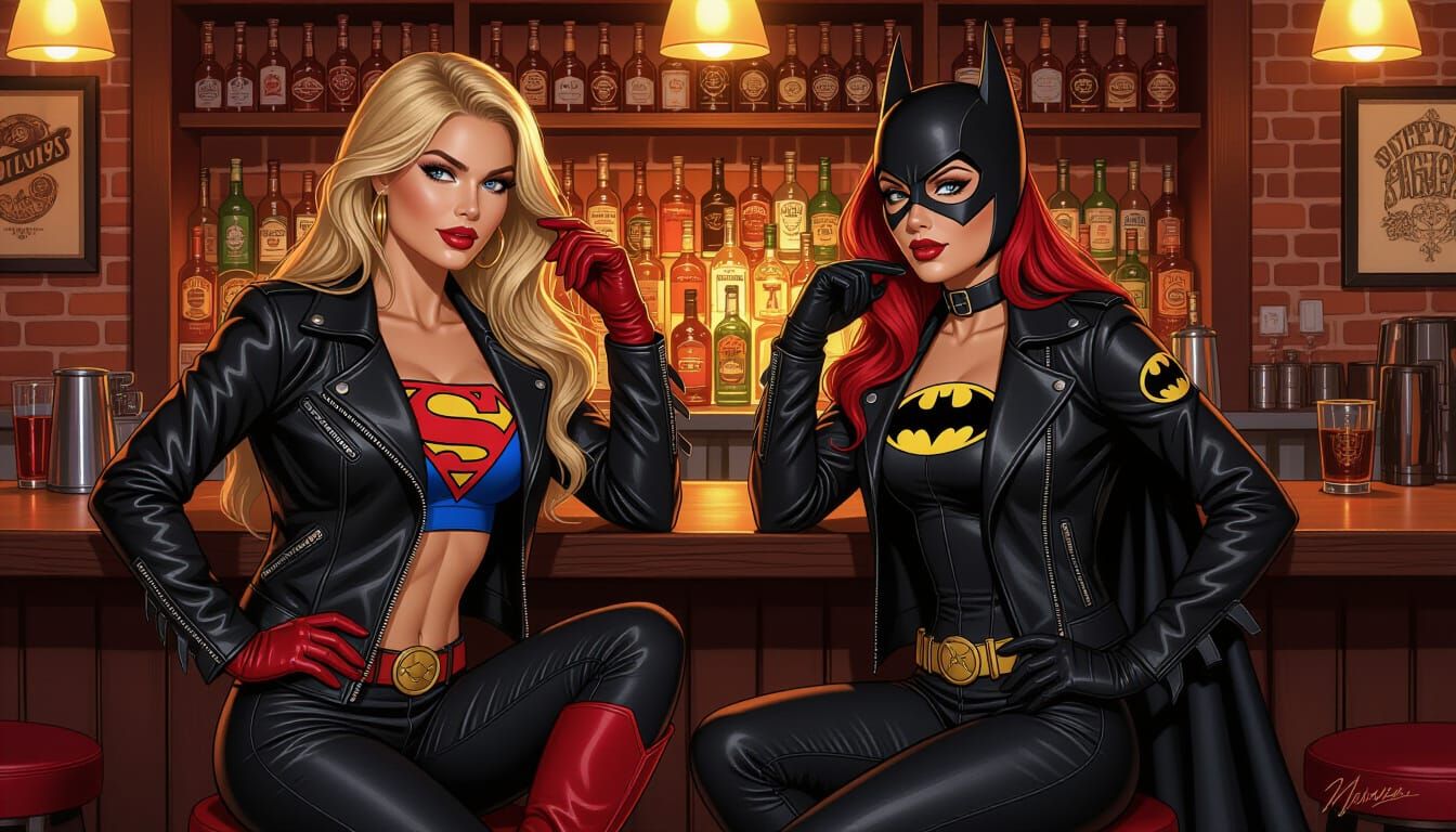Supergirl and Batgirl as Biker Babes at a Bar