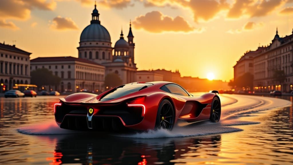 Ferrari Boat Glides Through Venice Canals at Sunset