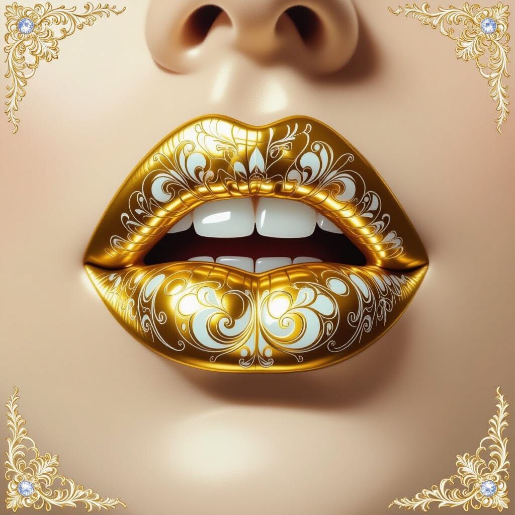 Surreal Marble Lips with Golden Dragonfly