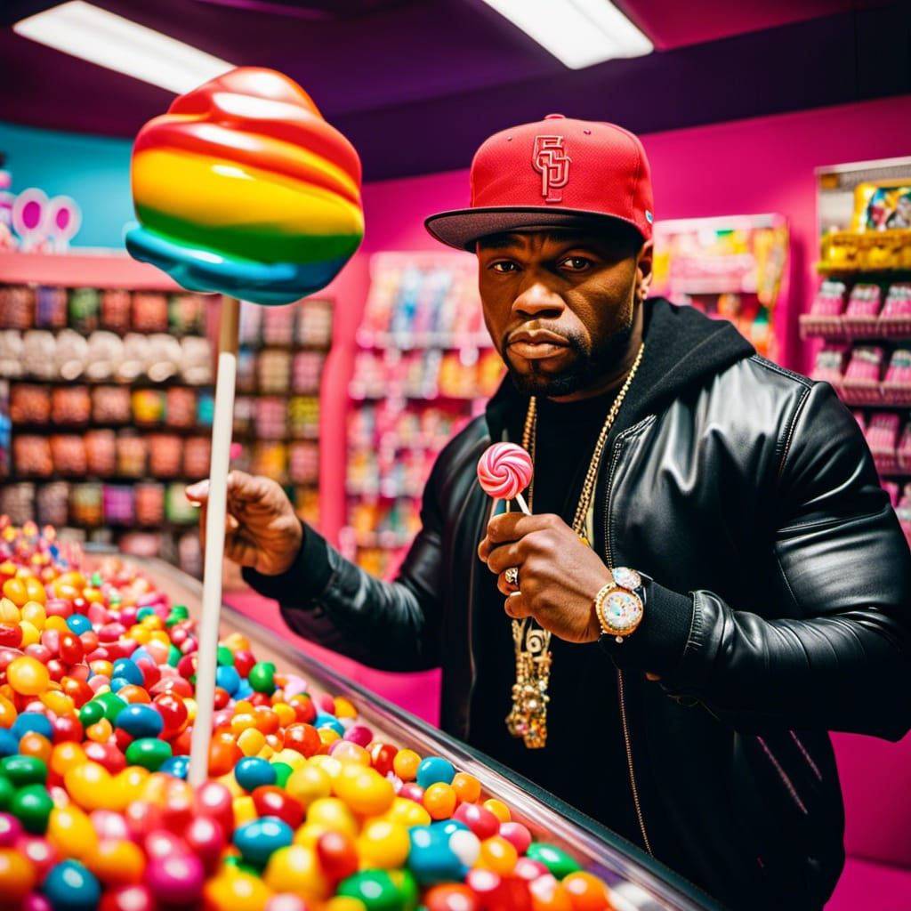 Rapper with Lollipop in Candy Store, Photographic Style