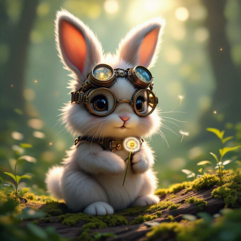 Hyperrealistic 3D Bunny in Steampunk Goggles with Glowing Da...