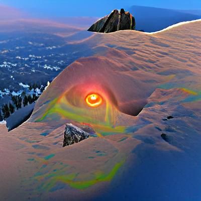 Holographic Eye on Mountain Summit at Sunrise