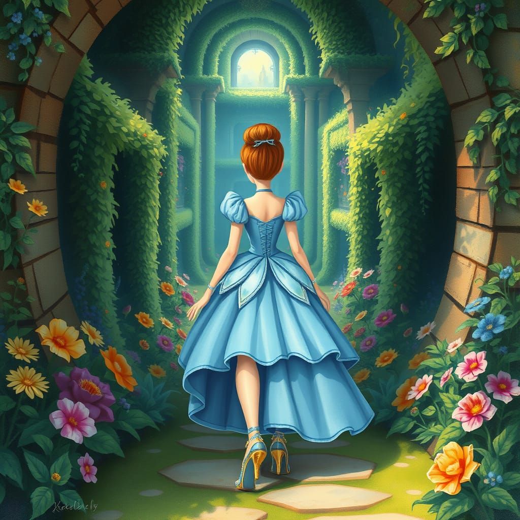 Whimsical Princess in Enchanted Garden Maze with Squarish Gl...