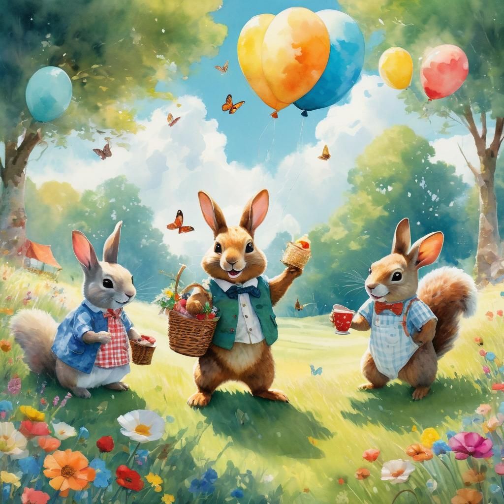 Whimsical Animals' Picnic in Impressionist Watercolor Style