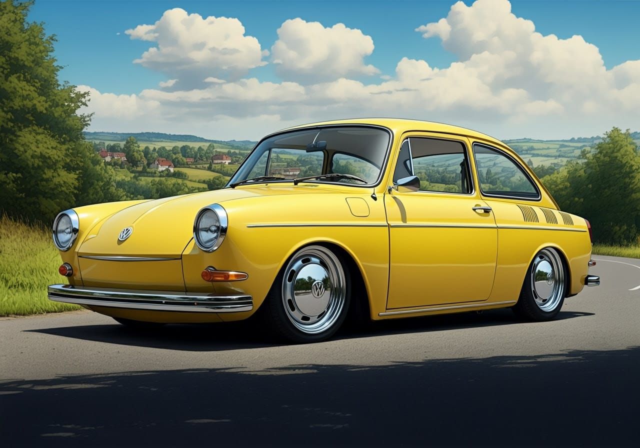 Solar Yellow Volkswagen Type 3 Fastback in Quaint Countrysid...
