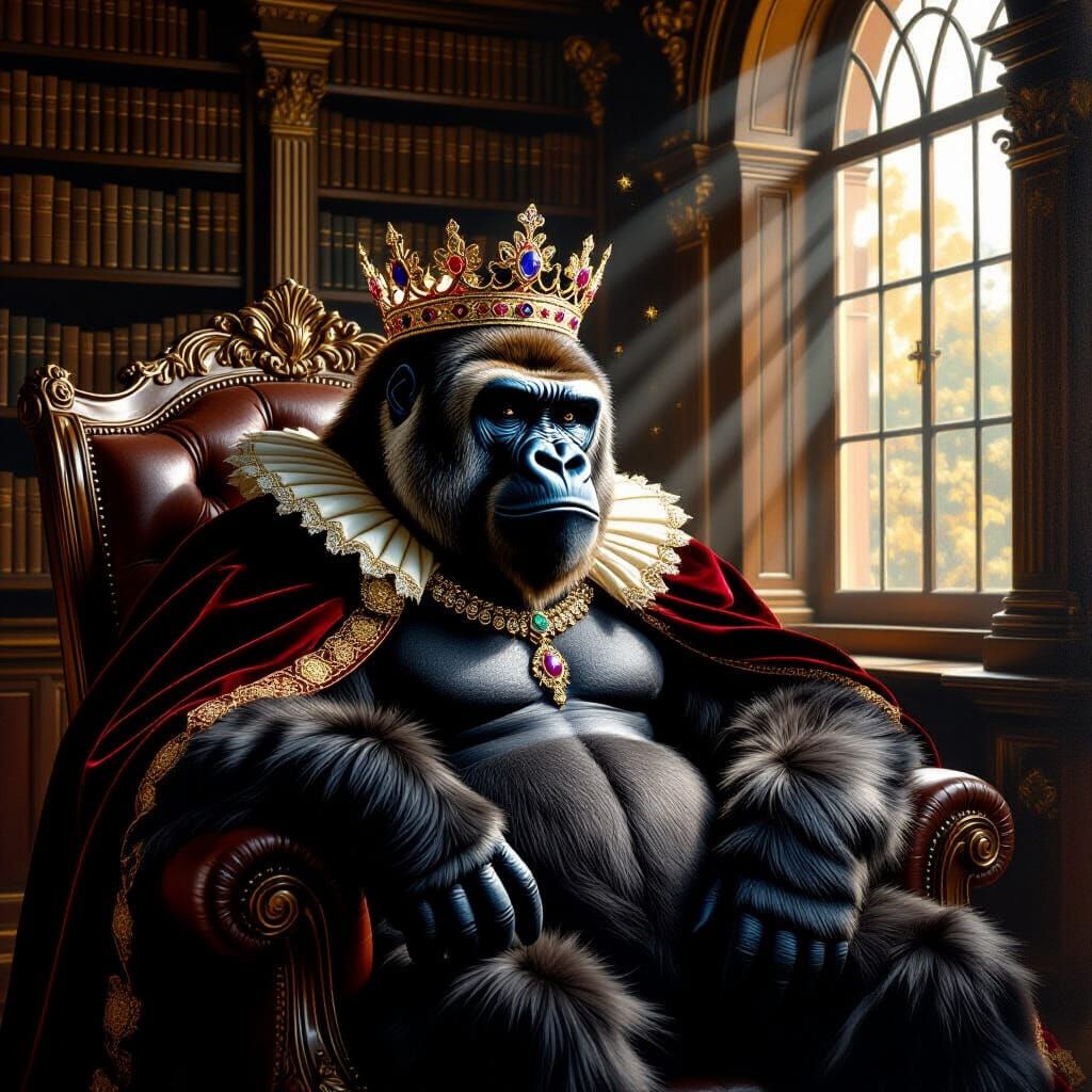Regal Gorilla in Opulent Library Oil Painting