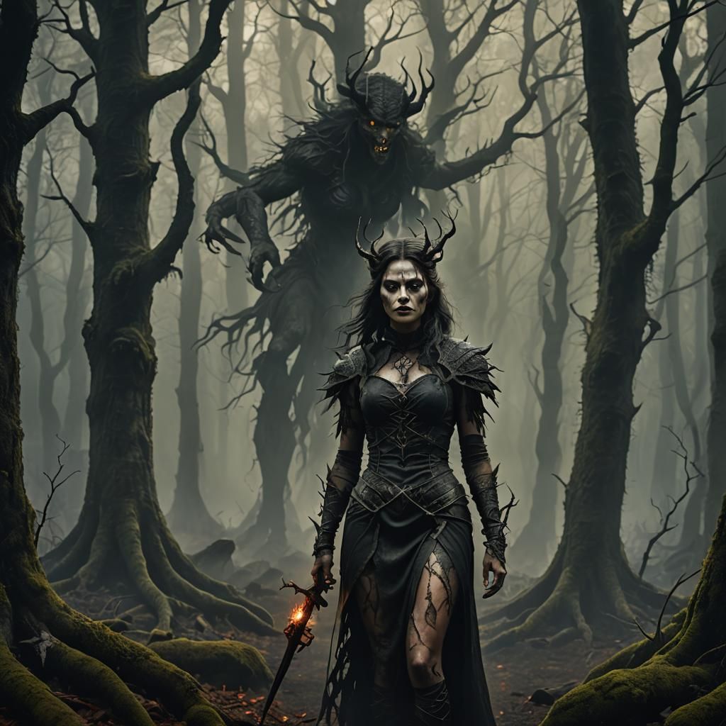 Demonic Woman in Dark Fantasy Woods