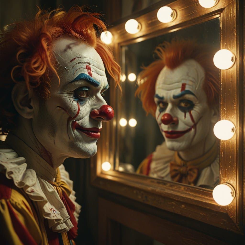 Sad Clown Gazing in Mirror: Oil Painting