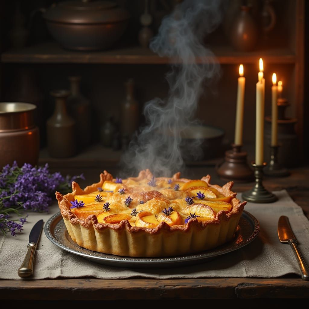 Medieval Still Life of Peach Lavender Pie in Rococo Style