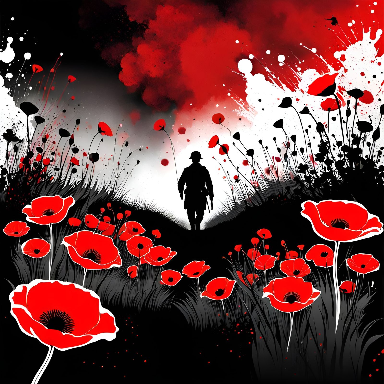 WW1 Soldier Silhouette with Poppies in Ink Splatter Art