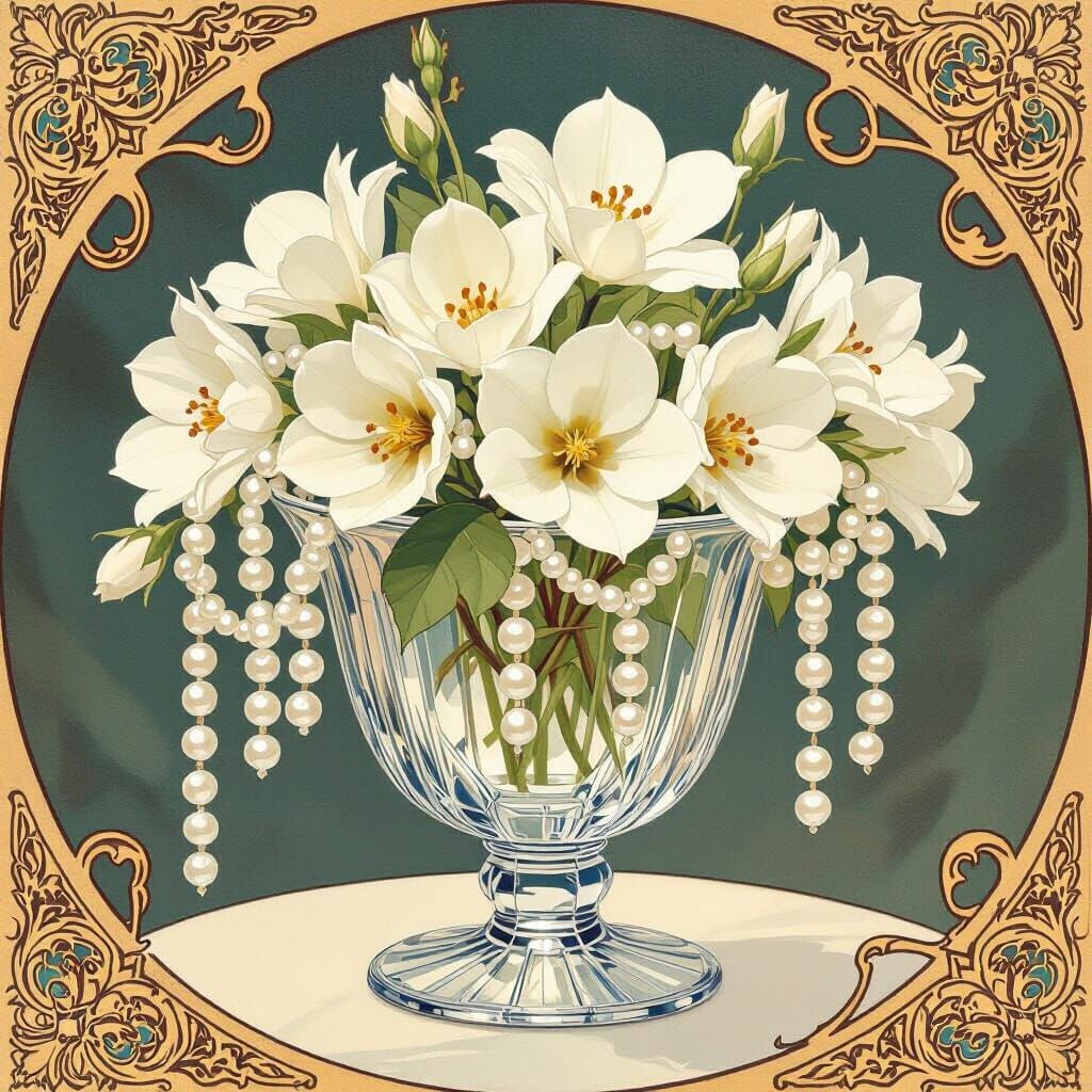 Glass Vase with Pearls in Art Nouveau Style