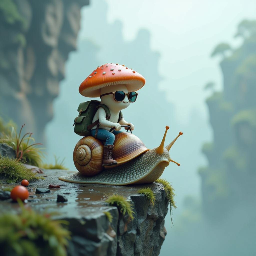 Mushroom Rides Snail Down Cliff in Whimsical Style