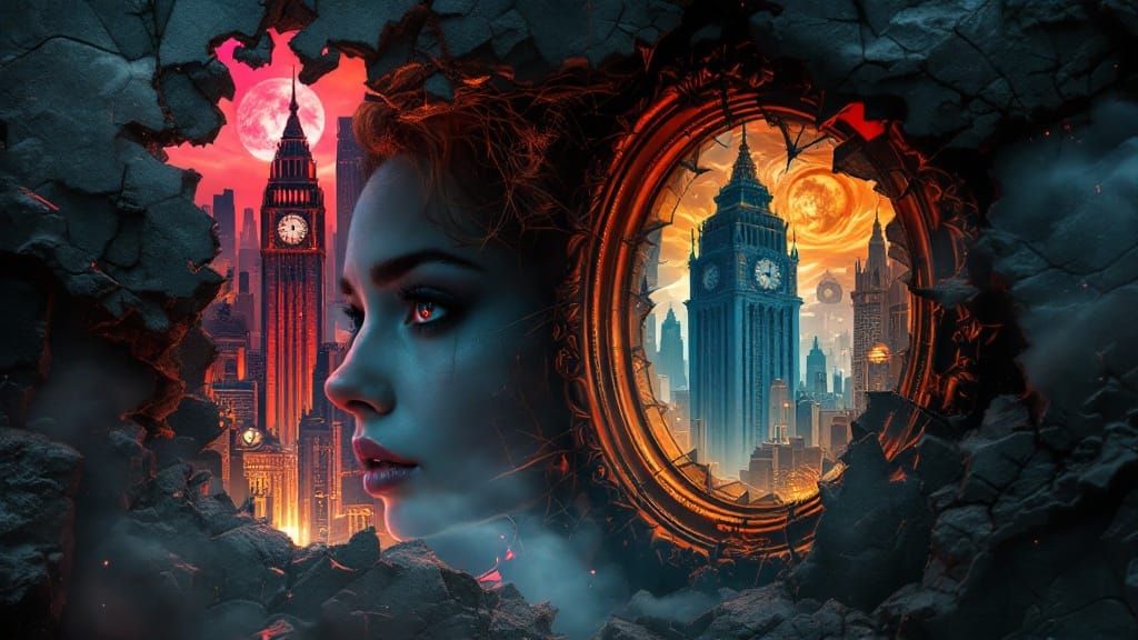 Surrealist Dreamscape with Shattered Window Frame