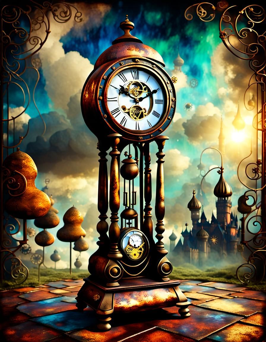 Steampunk Clock in Fairytale Landscape with Time Illusion