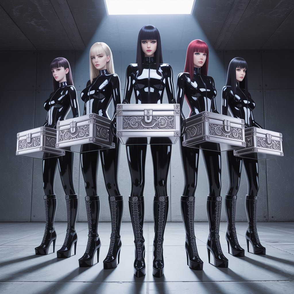 Severe Women in Latex with Silver Boxes, Anime Art