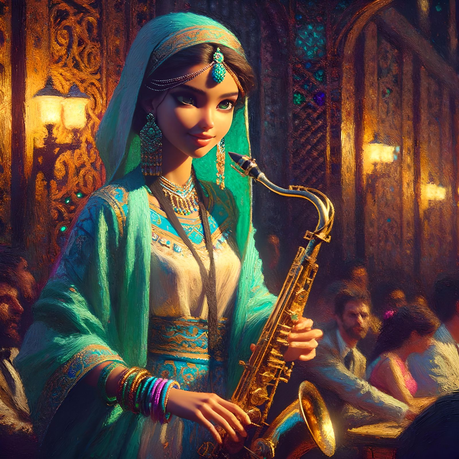 Princess Plays Saxophone in Pre-1912 Oil Painting Style